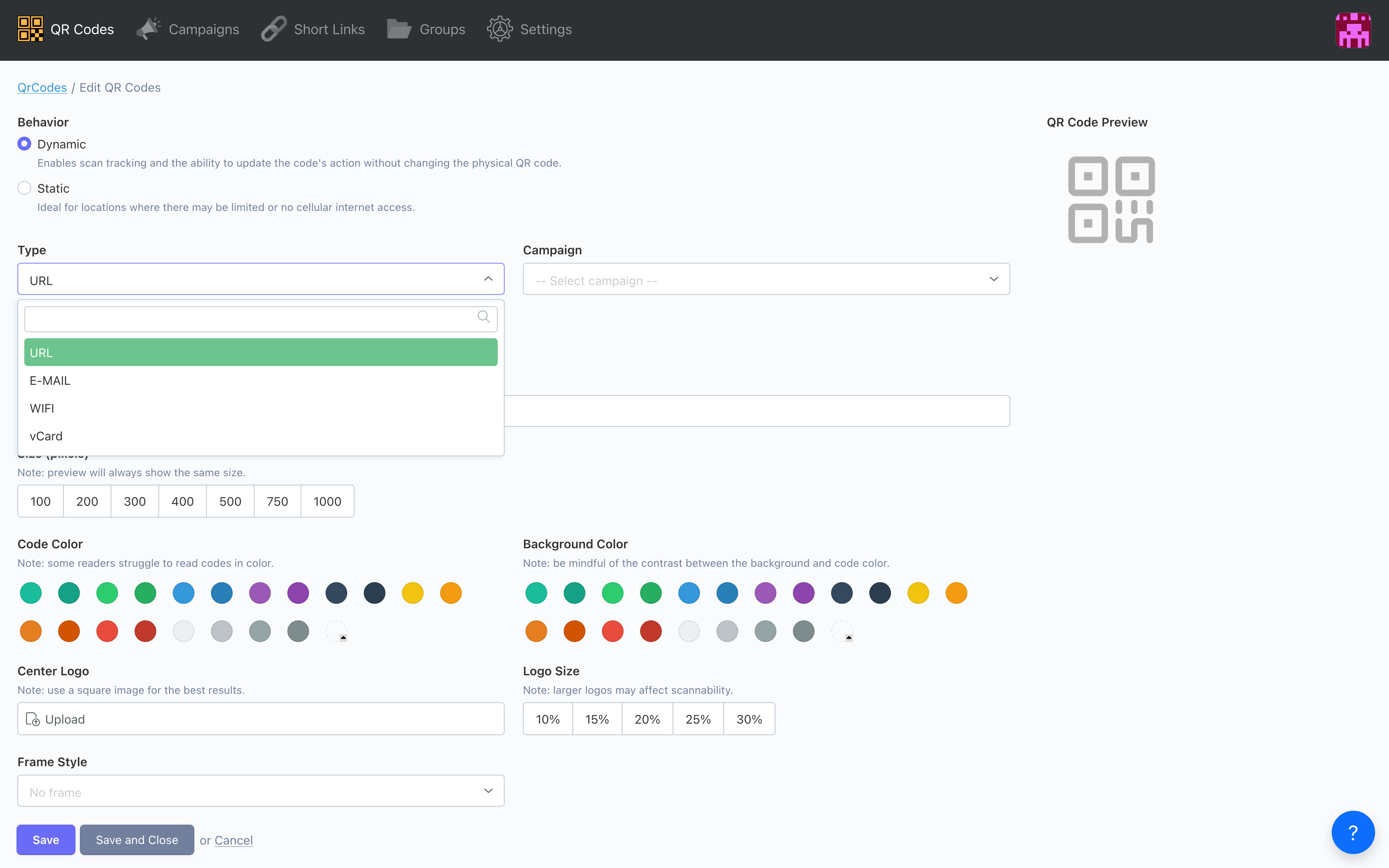 Scanley new-QR-code dialog letting the user pick between URL, email, WiFi, and vCard code types