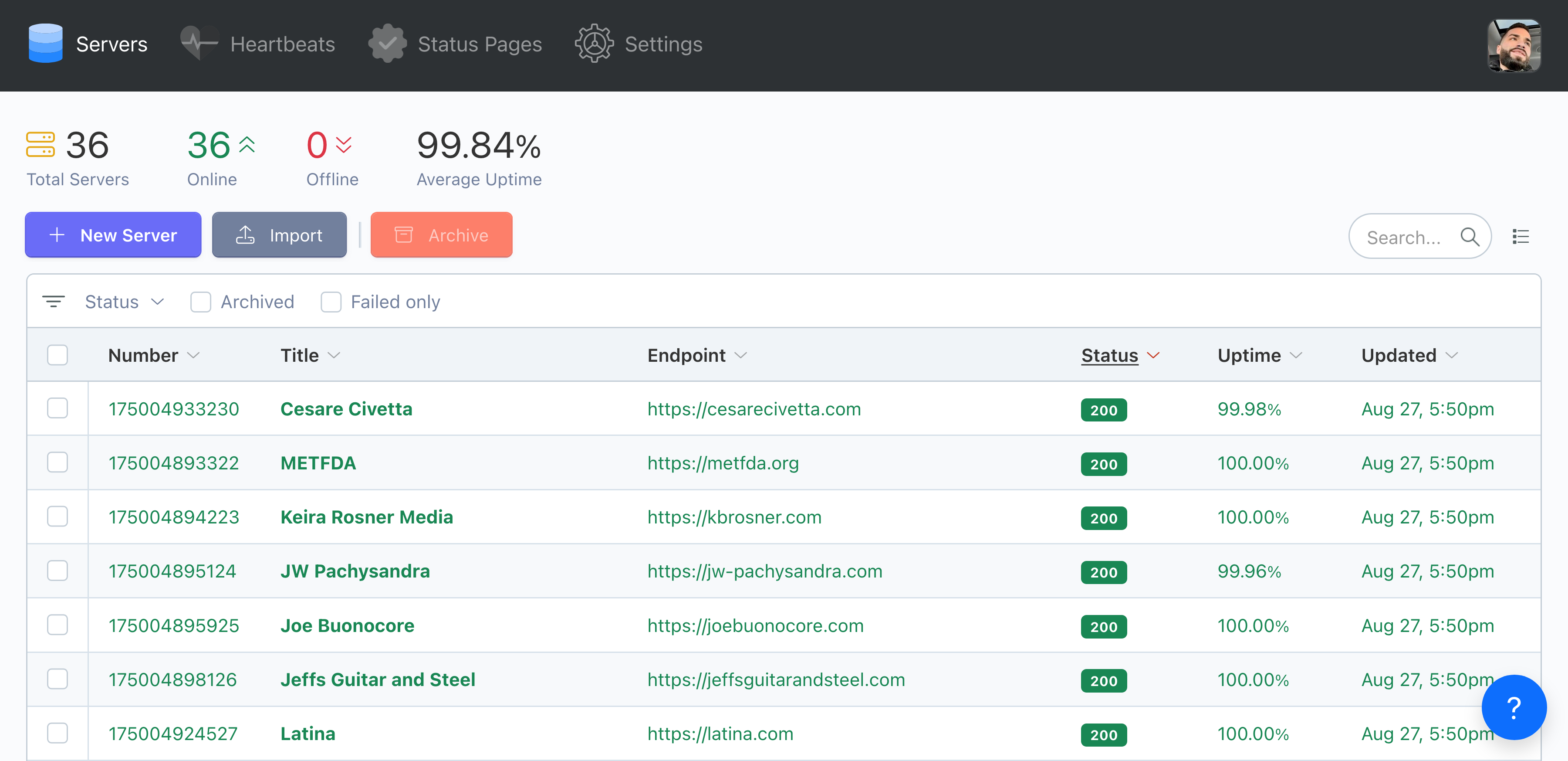 Pulsey monitoring dashboard showing website status indicators and uptime statistics